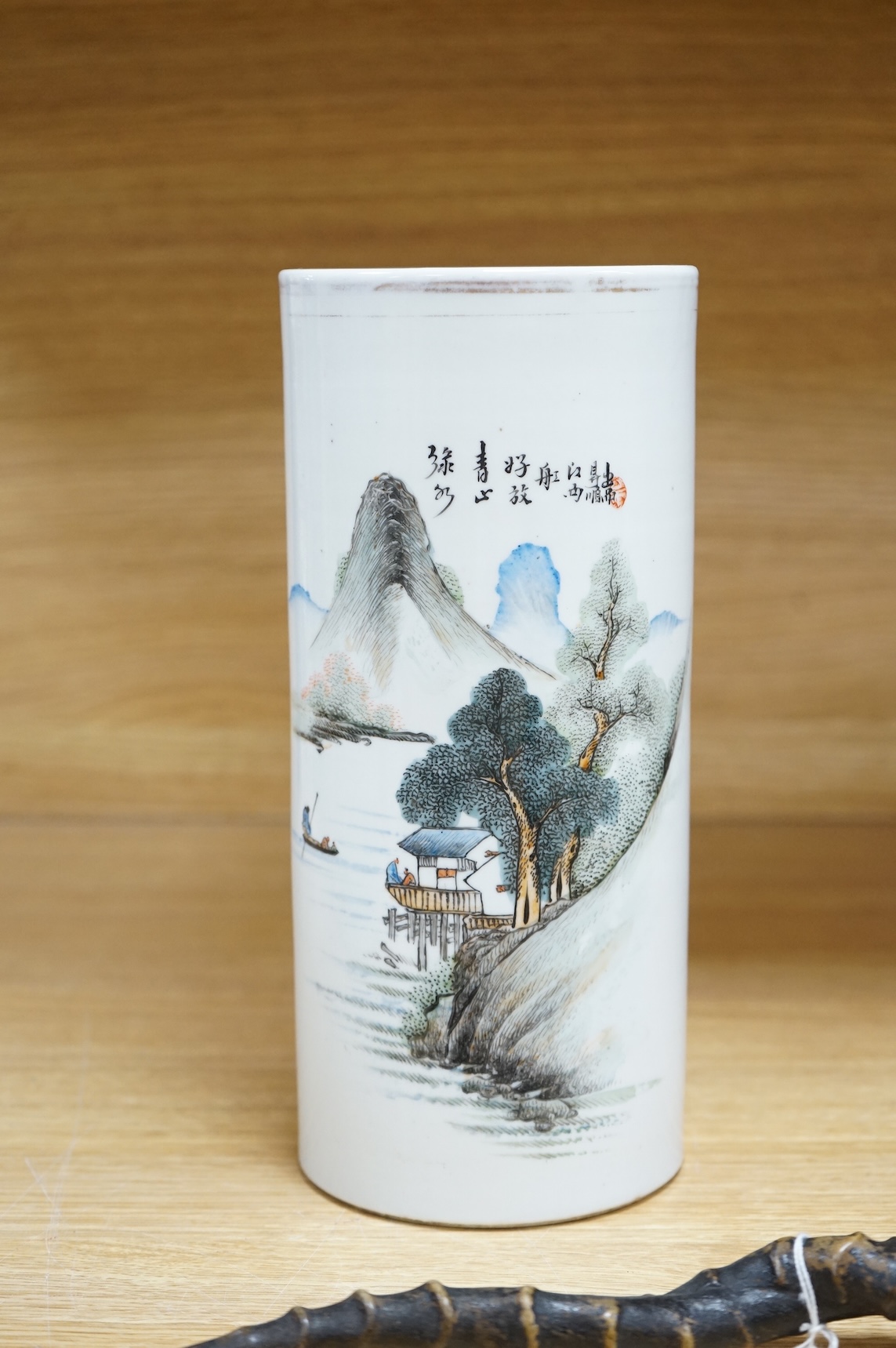 A Chinese polychrome porcelain brush pot, Republic period, 28cm high